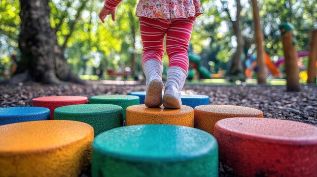 A toddler navigates colorful stepping stones in a park, balancing with arms outstretched