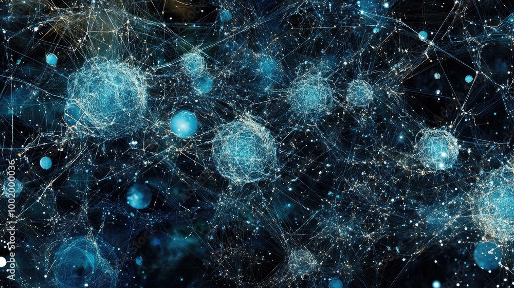 Poster digital nodes and connections forming a futuristic pattern, illustrating the complexity of modern te