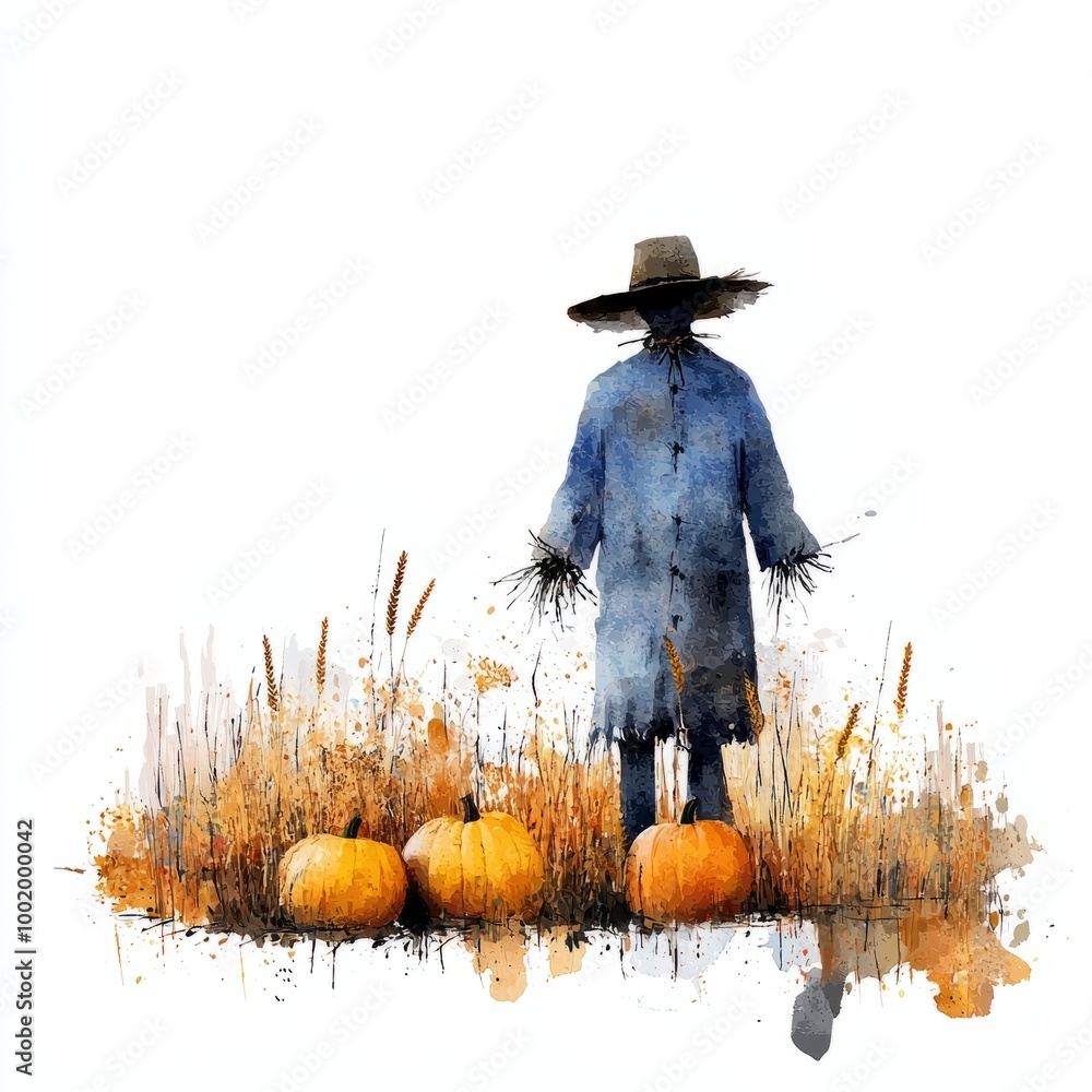 Wall mural watercolor painting of a scarecrow in a field with golden wheat and pumpkins, on isolated white back