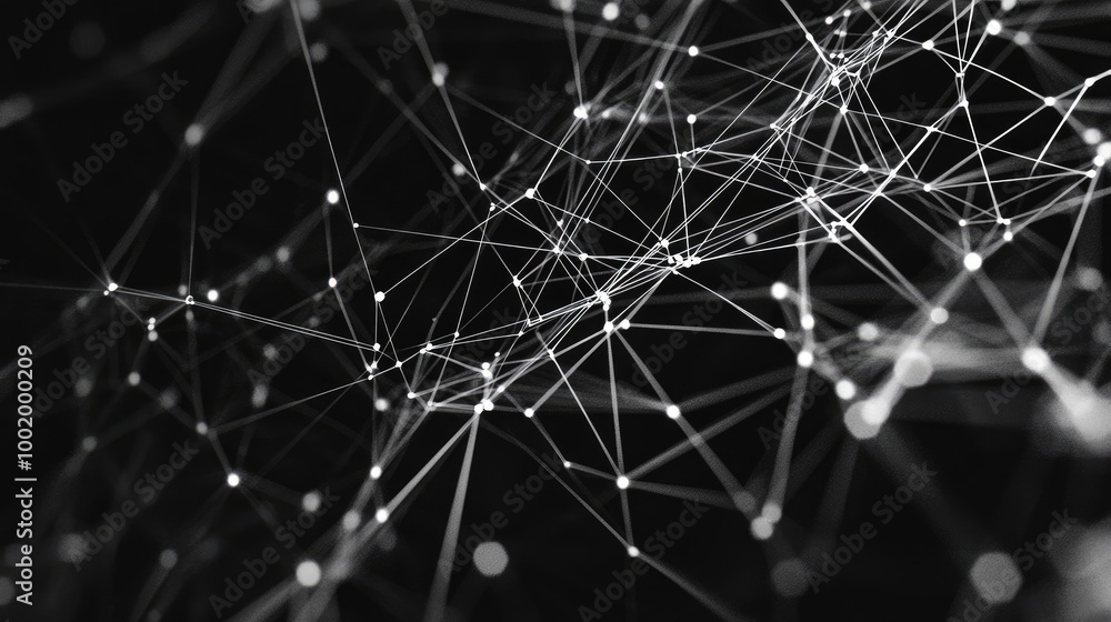 Poster digital nodes and lines forming a complex network, emphasizing the interconnected nature of technolo