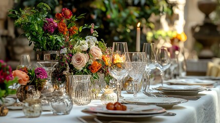 Elegant dining table with flowers and glassware