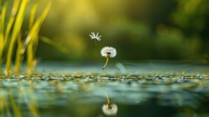 Beautiful Dandelion Seeds Floating on Calm Water Surface