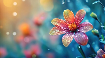 Fototapeta premium Blooming flowers with delicate water droplets, offering a serene and colorful background with space for text.