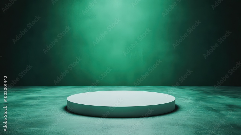 Poster minimalist green studio background with round platform for product display