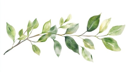 Elegant watercolor illustration of plant with green leaves on a branch, white