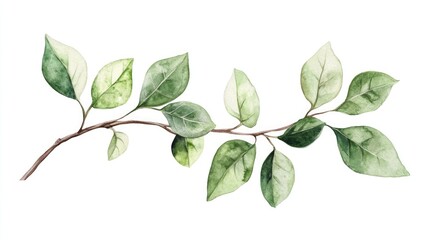 Obraz premium Elegant watercolor illustration of plant with green leaves on a branch, white