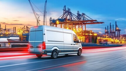 Naklejka premium A delivery van driving past an industrial area with cranes and a sunset backdrop.