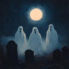 Ghostly figures in a moonlit graveyard