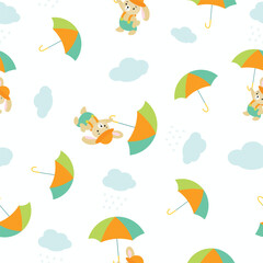 Cute bear with kawaii umbrella fly in grey sky vector seamless pattern. Rainy weather graphics for Scandinavian childish nursery design.