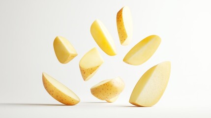Floating potato slices isolated on white background Generative AI