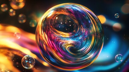 Bold, swirling colors on an abstract soap bubble background, offering dynamic reflections and vibrant energy.
