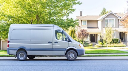 A silver delivery van parked on a residential street near houses and trees.