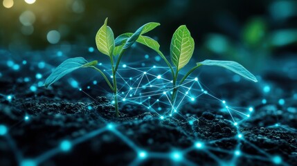 Emerging weed breaking through the ground Wireless technology concept with a glowing network of connections overlaid on digital symbols