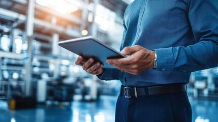 Business setting with factory in background as a confident person gestures with a tablet discussing plans for manufacturing and logistics in a collaborative environment