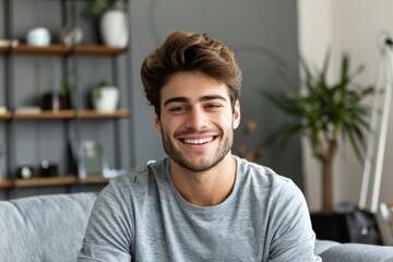 Happy man smiling in a cozy, modern office with a casual look.