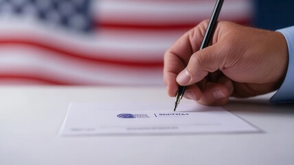 Closeup of an election official s hand stamping a ballot as Official, vote validation, election authenticity
