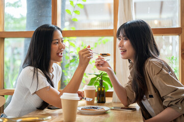 Two pretty Asian women are enjoying a conversation and eating dessert together in a coffee shop.