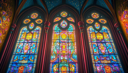 Obraz premium A vibrant stained glass design with intricate patterns and rich colors, resembling classic church or cathedral windows