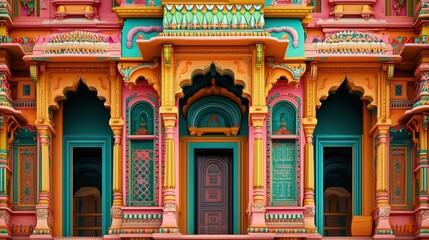 Brightly colored Indian Haveli with intricate design elements, showcasing the beauty of traditional Indian architecture.