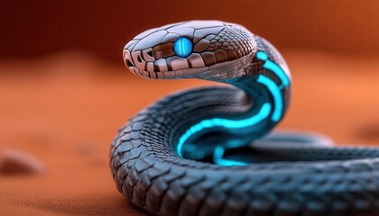 Obraz premium Robotic snake, coiled with metallic scales, neon blue glow, desert scifi landscape