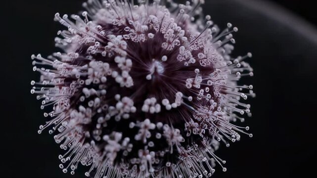 Rotating microbial virus structure showing a detailed deep cellular pattern
