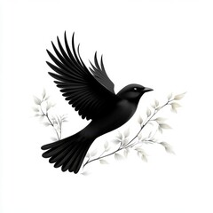 Obraz premium A beautiful black bird in flight, perched gracefully on a delicate branch with leaves, symbolizing freedom and nature's elegance.