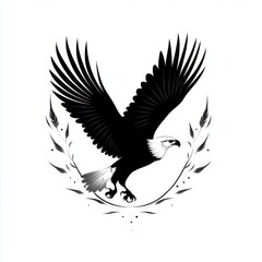 Obraz premium A stunning black and white illustration of an eagle in flight, embodying freedom and strength, surrounded by elegant floral elements.