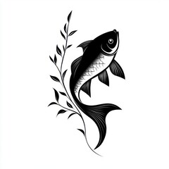 Naklejka premium Elegant black and white fish design with delicate leaves, perfect for art, tattoo, or decorative purposes.