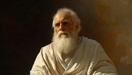 Obraz premium Senior man with a full white beard and a soft smile in a peaceful setting.