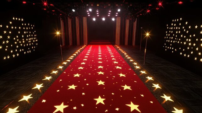 A red carpet adorned with golden stars extends toward a stage illuminated by bright lights