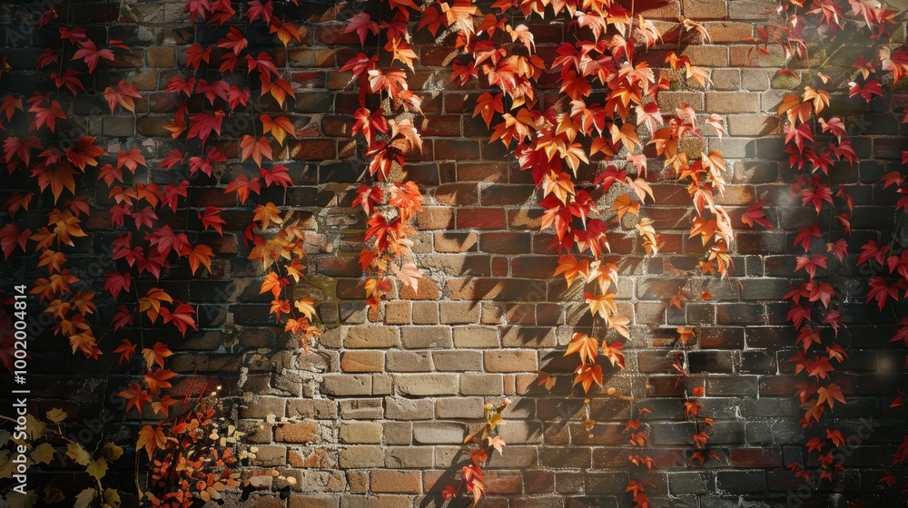 Canvas Prints Autumn Leaves on Brick Wall with Natural Light