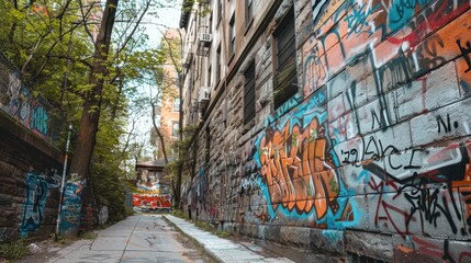 Fototapeta premium Colorful Urban Alley with Graffiti Art and Greenery