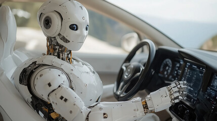 Fototapeta premium Driving robot in futuristic car, showcasing advanced technology and design