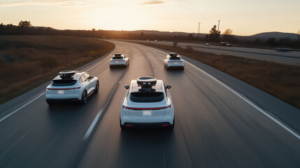 Fototapeta premium Autonomous cars on road during sunset, showcasing modern technology and innovation