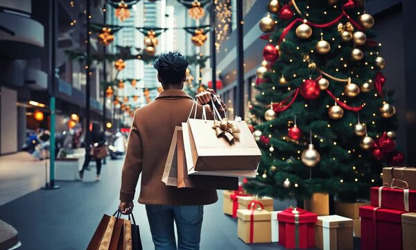 Homme tr&egrave;s &eacute;l&eacute;gant aux cheveux noirs, marchant les bras pleins de sacs de shopping dans une galerie marchande d&eacute;cor&eacute;e pour les f&ecirc;tes de fin d'ann&eacute;e, avec de grands sapins de No&euml;l et guirlandes dor&eacute;es