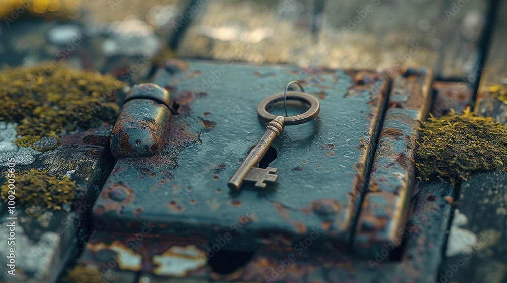 Poster ancient key on weathered lock with rustic charm