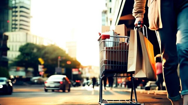 Jambes de femme tirant un caddy rempli de paquets et cadeaux dans la rue, durant la p&eacute;riode des soldes ou du Black Friday, en tenue d&rsquo;hiver ou automnale