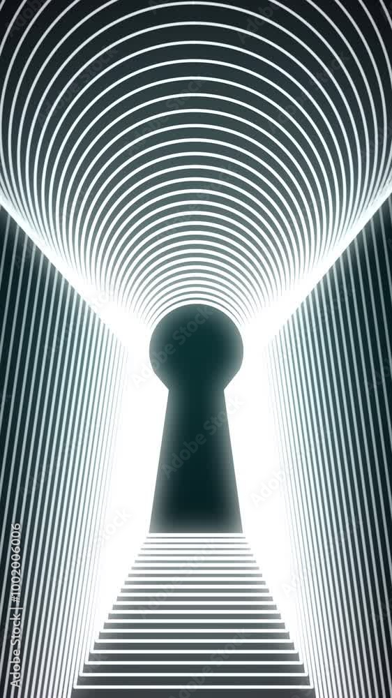 Poster abstract animation of neon keyhole icon forming the tunnel on black background. animation. concept o