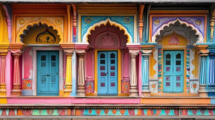 Naklejka premium Colorful and lively traditional Indian Haveli facade, representing the beauty of Indian architectural heritage.