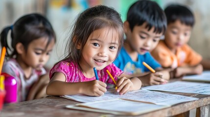 Vietnamese Children Engaged in Math Practice on Worksheets at School