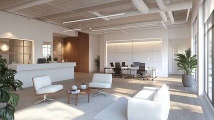 Contemporary white open-plan office with a mock-up wall, perfect for business presentations or visual layouts.
