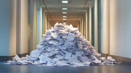 A large pile of paper sits in the middle of an office hallway. on the floor.