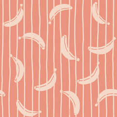 Whimsical Bananas Seamless Pattern in cream, orange textured stripes background. Vector illustration. Suitable for children's projects, wallpaper and stationary. 