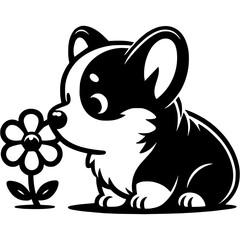 Obraz premium Corgi puppy sniffing a blossoming flower in monochrome. Simple minimalistic vector in black ink drawing on transparent background
