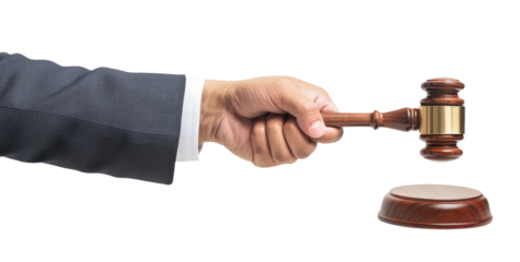 Hand with gavel isolated on transparent background