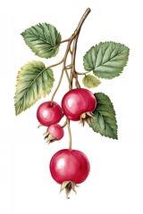 A branch of red berries with green leaves on a white background.