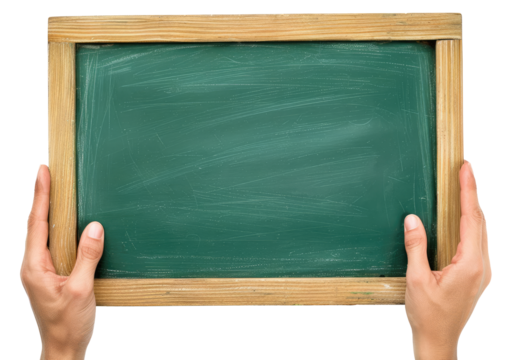 Hands with blank green chalkboard isolated on transparent background - Powered by Adobe
