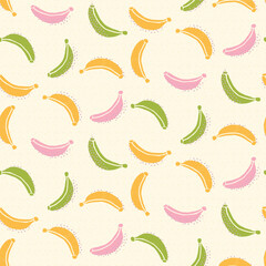 Whimsical colourful Bananas Seamless Pattern in cream, beige textured background. Vector illustration. Suitable for children's projects, wallpaper and stationary. 