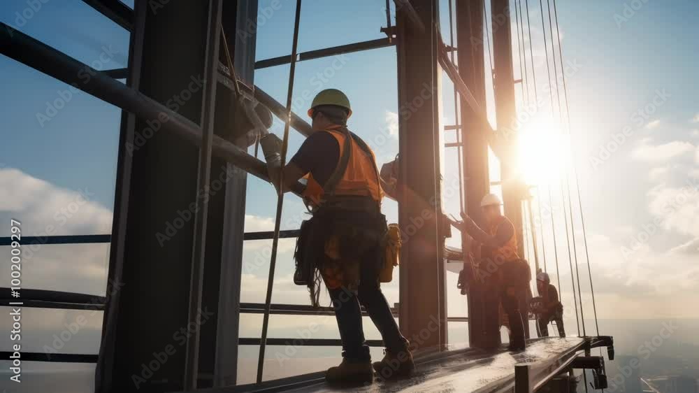 Poster Construction workers building a modern skyscraper at high altitude on a sunny day, showcasing their skills in engineering and teamwork while ensuring safety