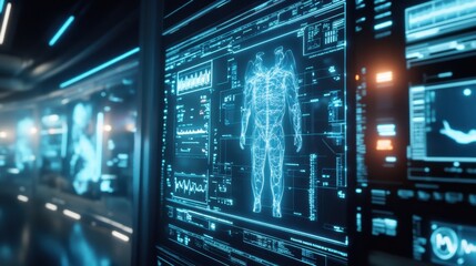 Obraz premium Digital healthcare technology featuring electronic medical records displayed on a futuristic, glowing screen.